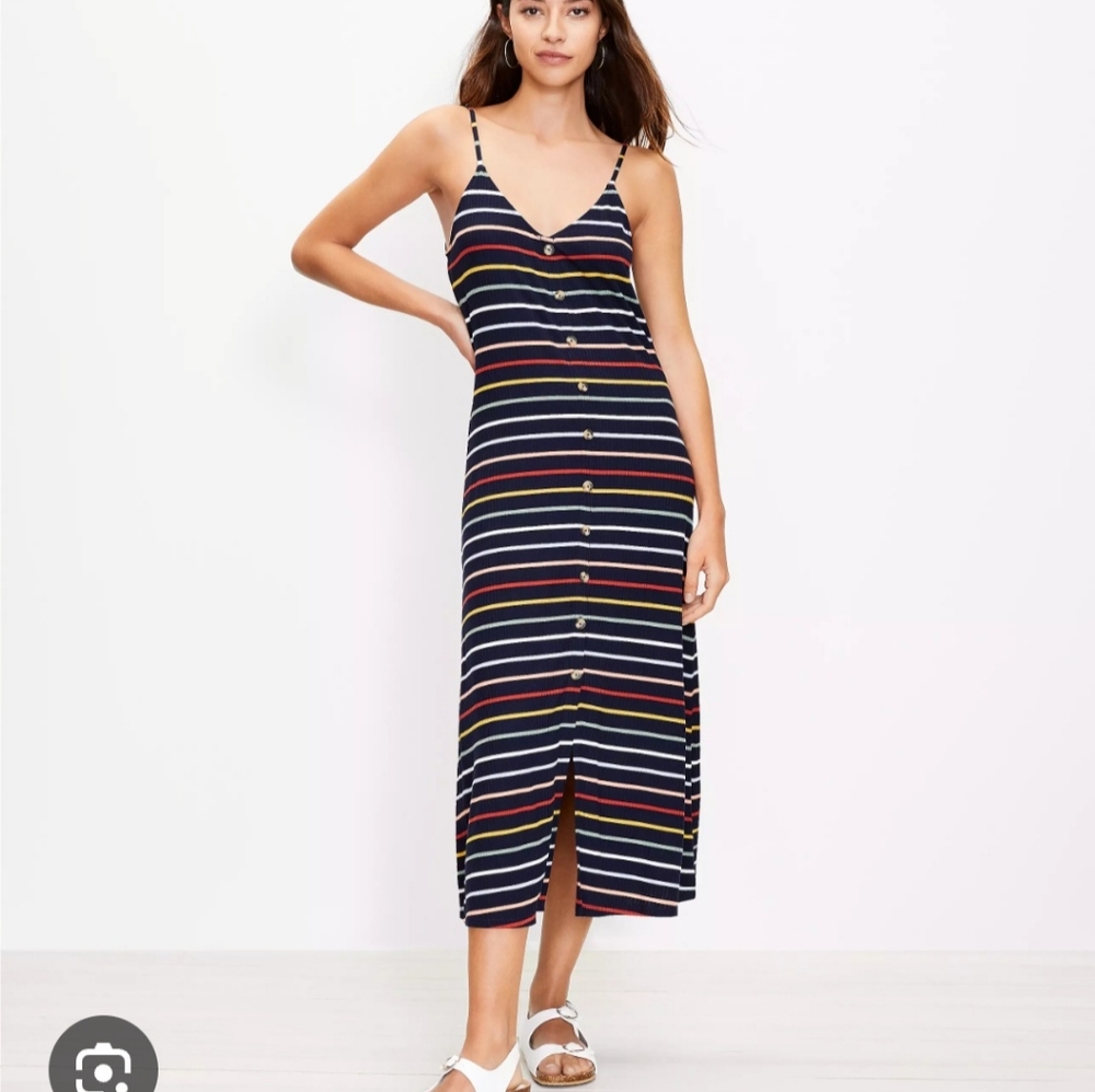 LOFT Rainbow Striped Button-Front Midi Dress Ribbed Knit Strappy Camisole Medium